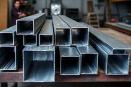 Steel and aluminium box section profiles side by side showing square and rectangular hollow sections