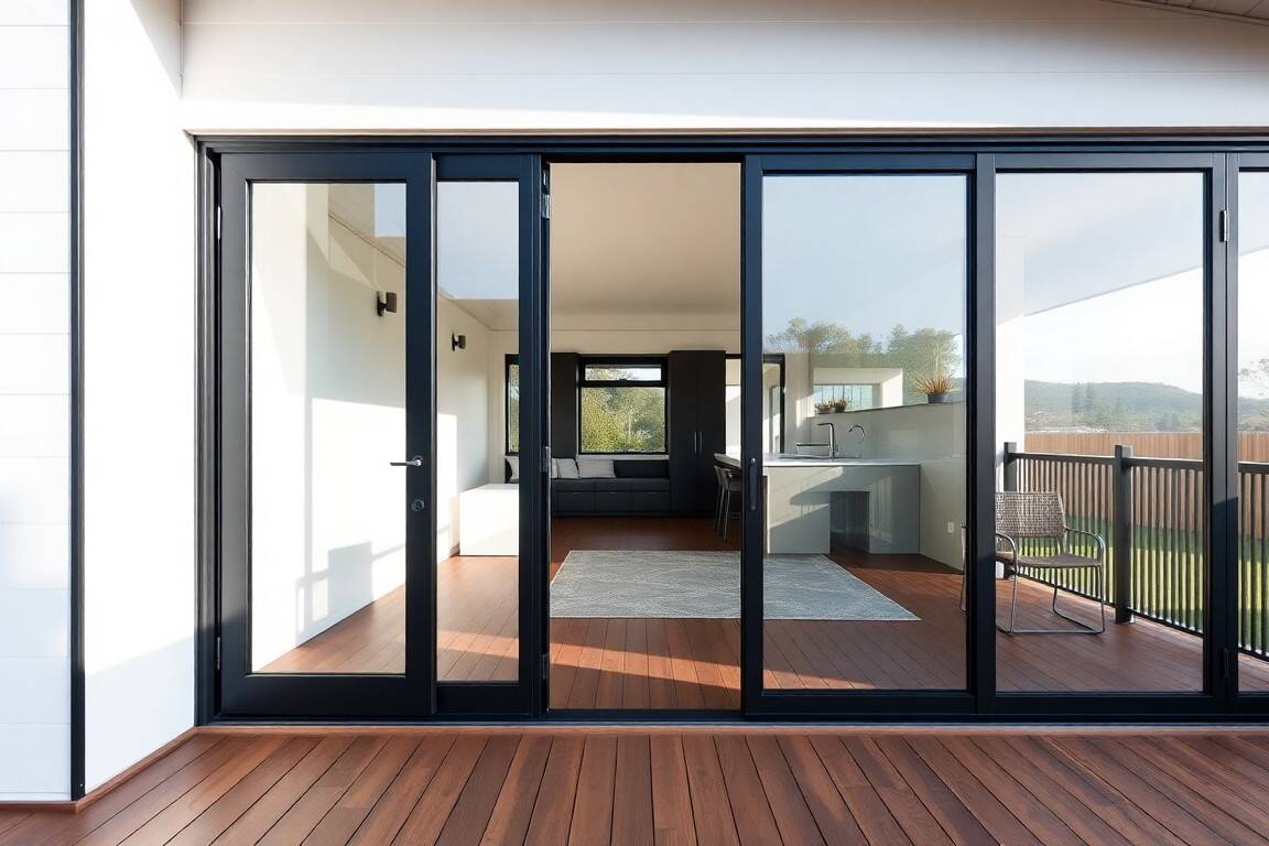 Modern aluminium doors on a New Zealand home, black hinged entrance door beside large sliding glass doors onto a deck