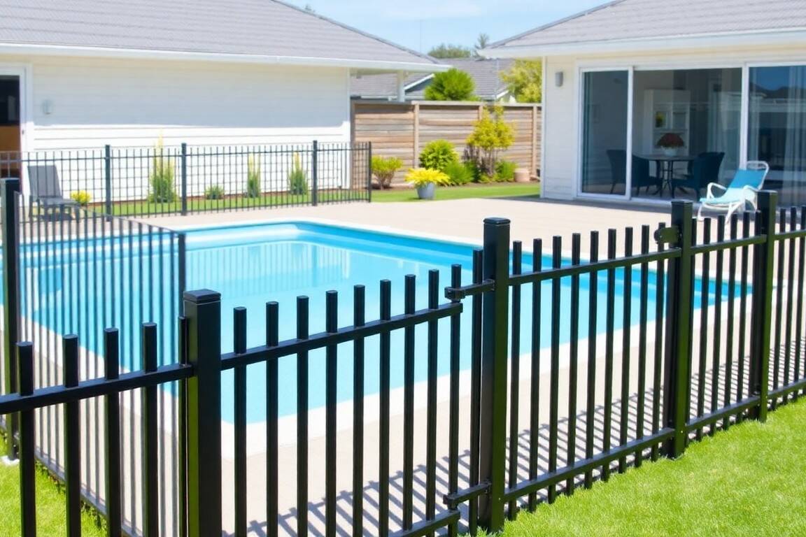Black powder coated aluminium pool fence with vertical balusters and a self closing gate around a backyard pool in New Zealand