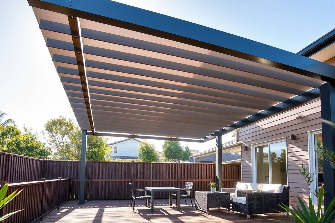 Aluminium pergola with a louvre roof over a timber deck in a New Zealand backyard