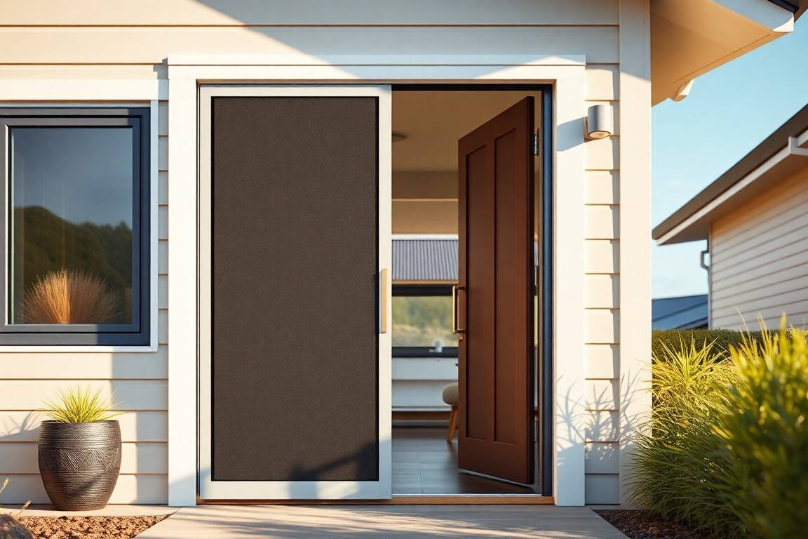 Aluminium security screen door on a modern New Zealand home entrance