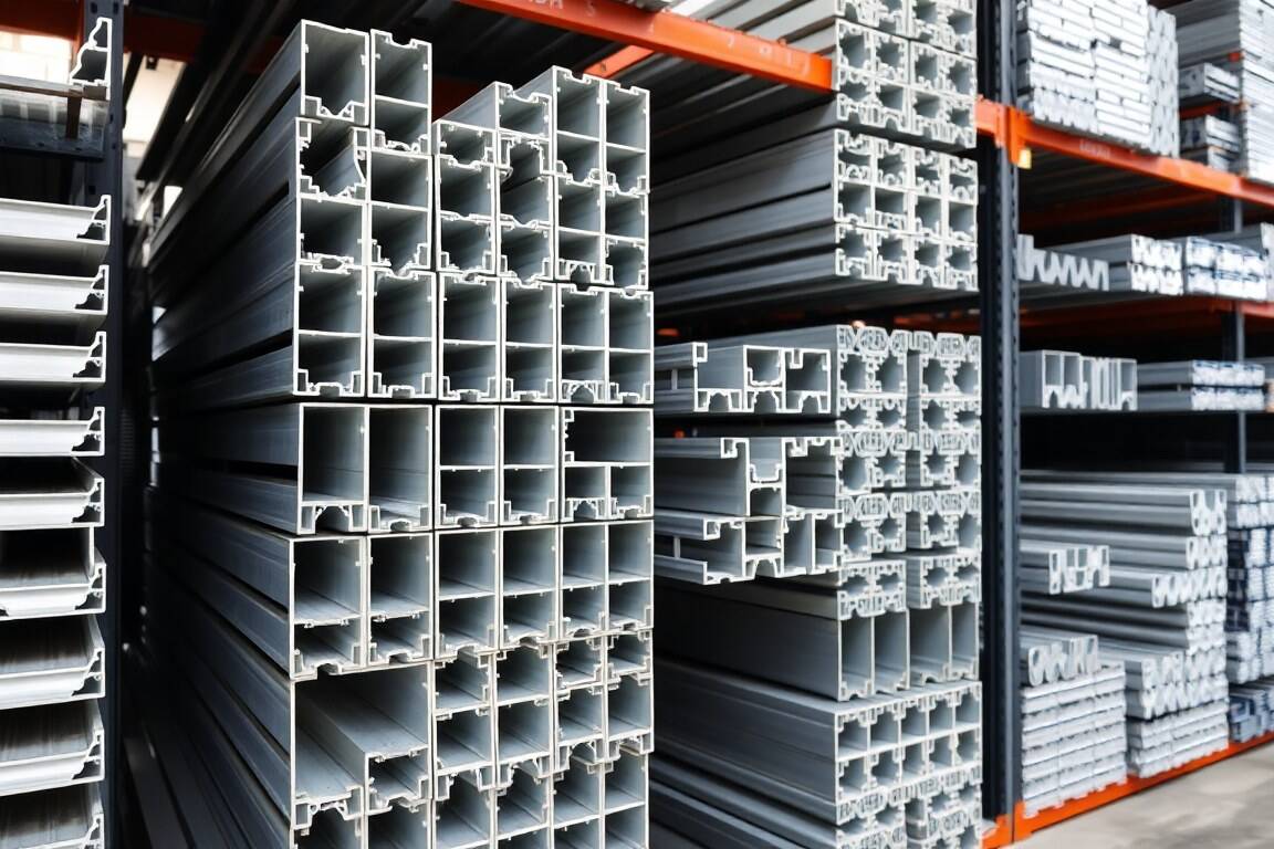 Aluminium extrusion profiles stacked in a supplier warehouse rack showing angle, flat bar, box section and tube cut ends