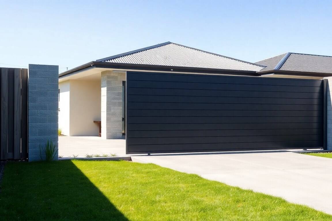 Dark charcoal aluminium slat sliding gate running along the boundary fence line of a modern New Zealand home driveway