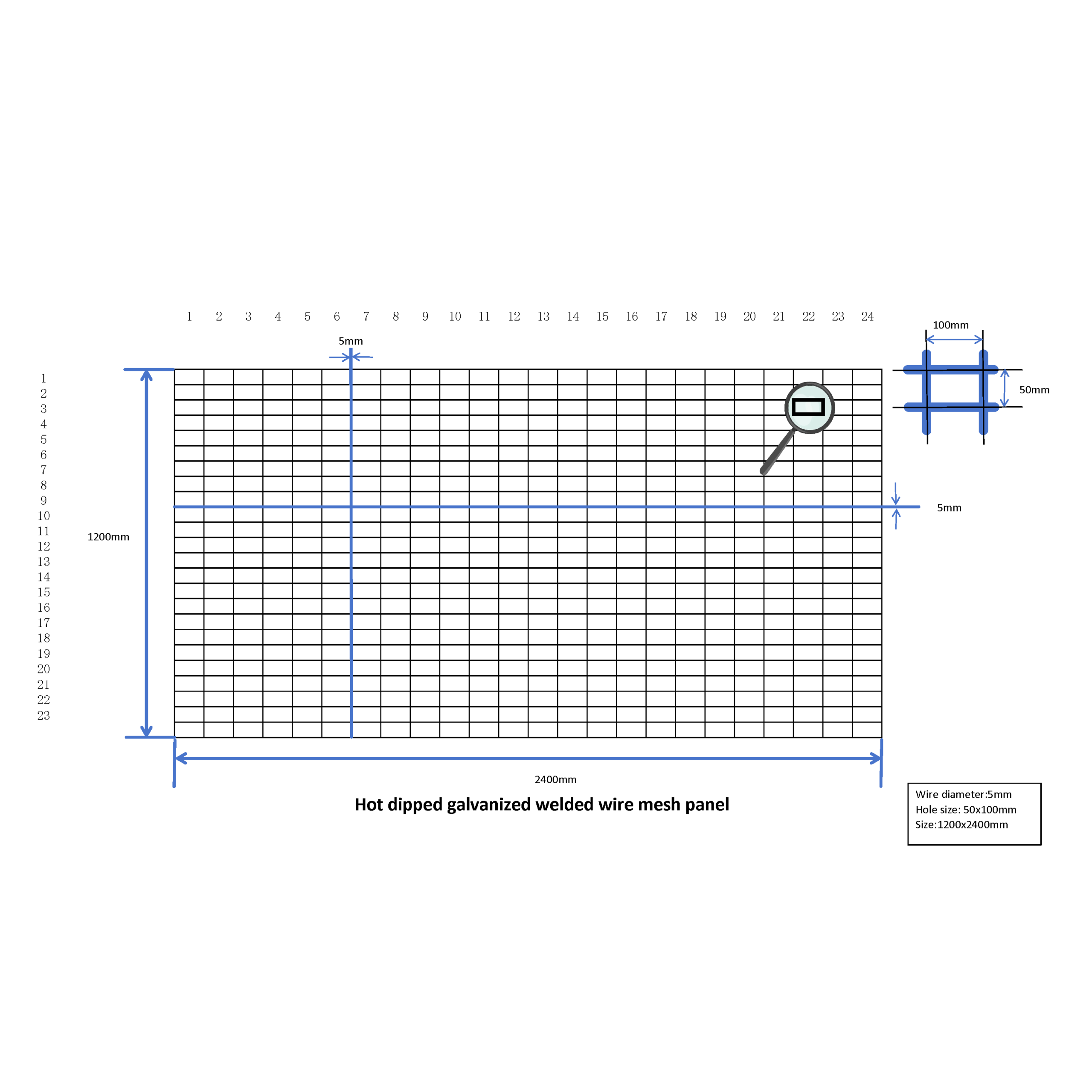 1200 x 2400mm 100x50 D5 Hot Dip Galvanized Welded Wire Mesh - Image 2