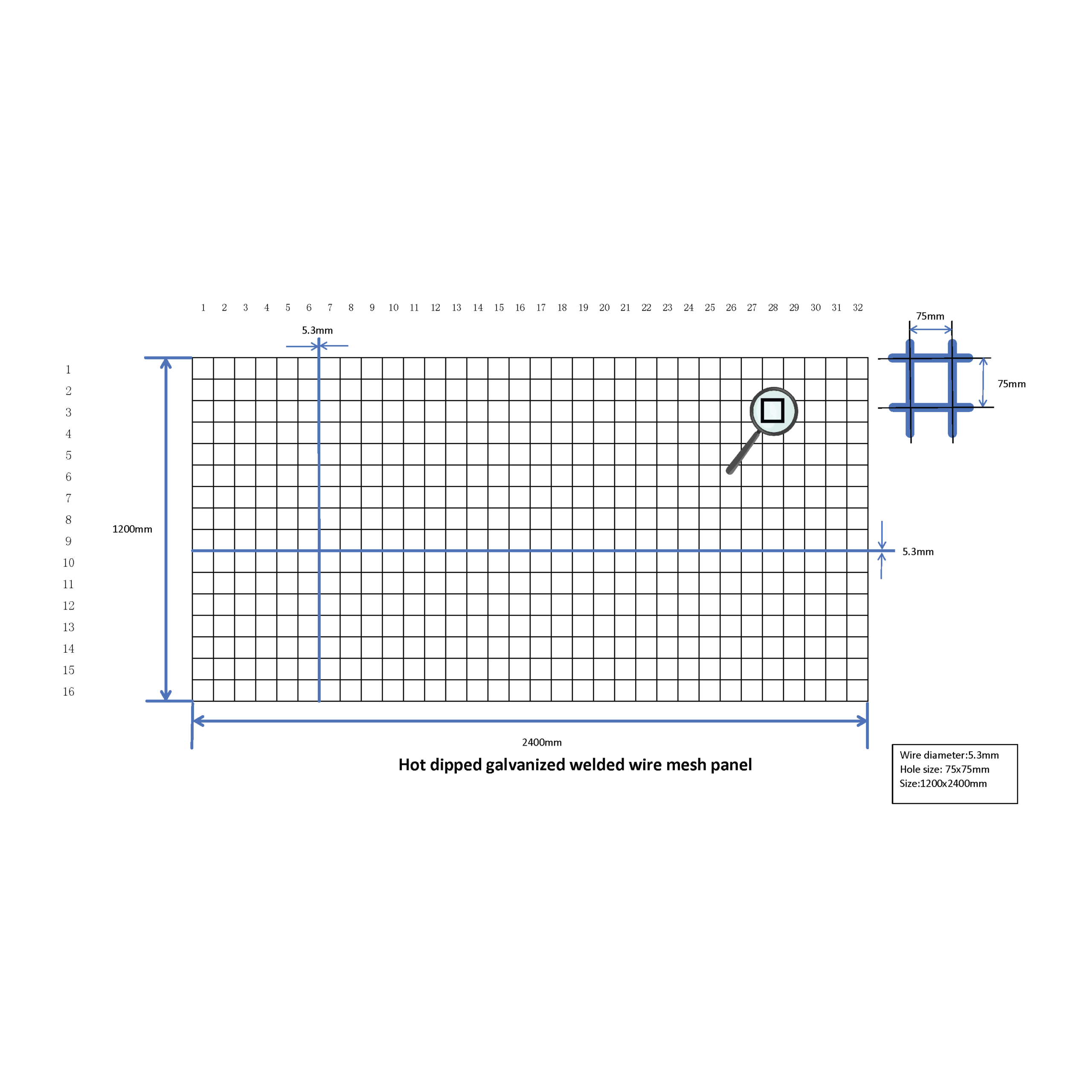 1200 x 2400mm 75x75 D5.3 Hot Dip Galvanized Welded Wire Mesh - Image 2