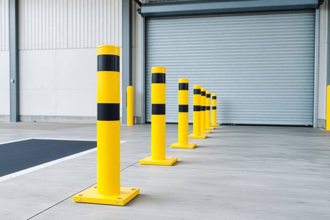 Yellow bolt-down safety bollards with black bands in front of a warehouse roller door
