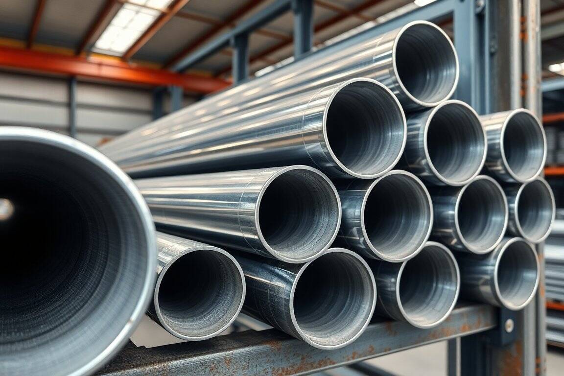 Galvanised steel round tubes in several diameters stacked on a warehouse rack